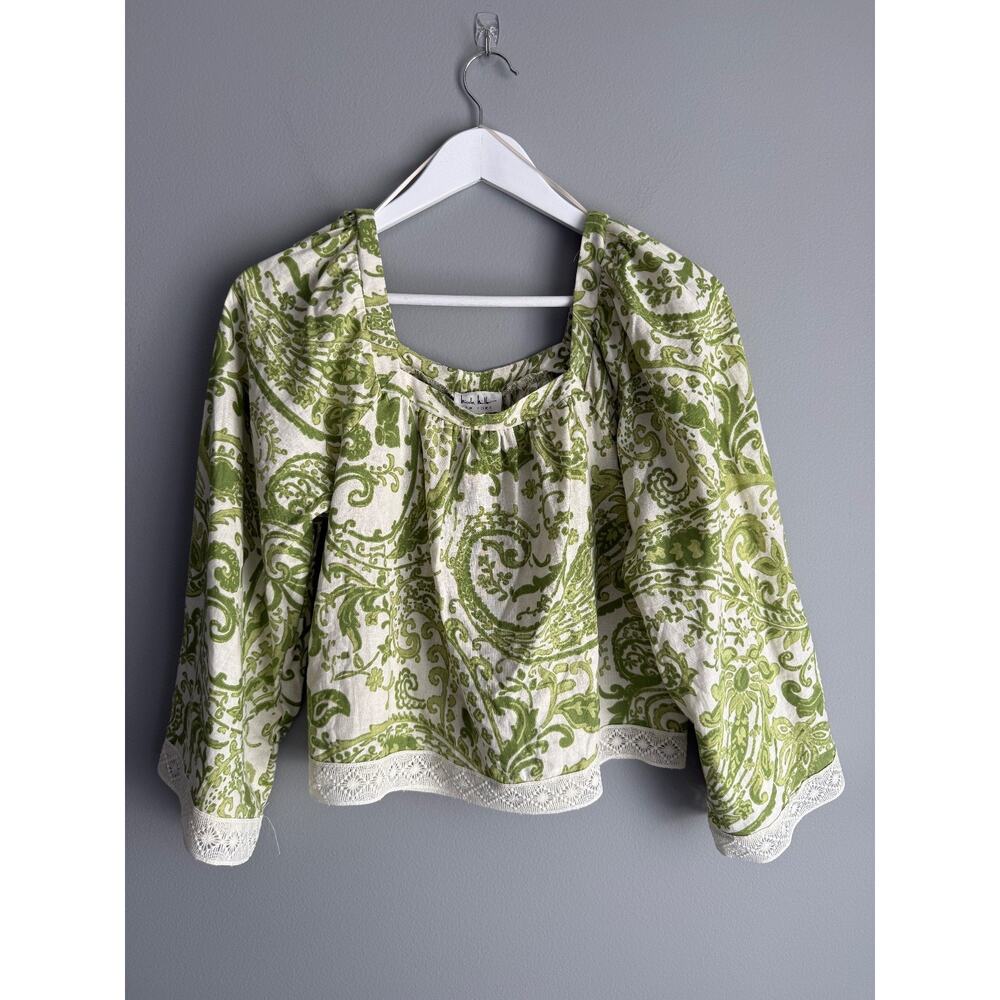 Nicole Miller NWT Linen Blend Top XS Green Paisley Square Neck Lace Trim Boho